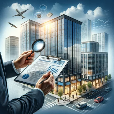 A photo-realistic image about 'Commercial Real Estate Appraisals: A Comprehensive Guide for Investors'. It depict an appraiser with a clipboard in front of a commercial building, incorporating elements that suggest a detailed evaluation process, emphasizing the expertise and thorough analysis involved in commercial real estate appraisals.
