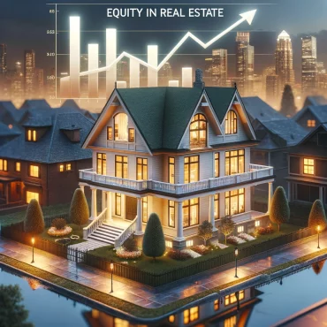 An image focusing on unlocking financial power: equity in real estate. It features upscale properties representing significant real estate equity, with visual elements symbolizing financial power and growth.