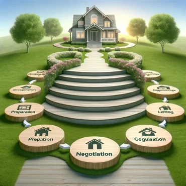 A photo-realistic image about 'A Step By Step Guide To The Home Selling Process'. It feature a pathway with steps leading to a house, each step marked with phases of the home selling process, symbolizing the structured journey to successfully selling a home.