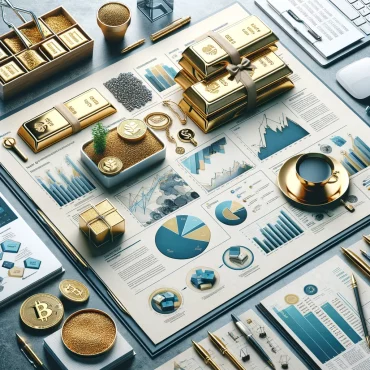 A photo-realistic image about 'Step By Step Guide To Investing in Commodities'. It feature an elegant desk setup with documents, charts, and visual representations of various commodities, conveying strategic planning and analysis in commodity investment.