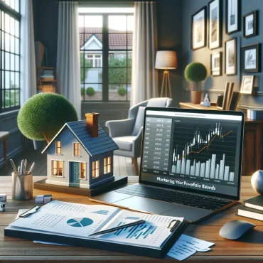 A photo-realistic image about 'Navigating the Path to Homeownership: Mastering Your Portfolio Returns'. It depicts an elegant home office setting with elements representing the strategic management of portfolio returns in the context of homeownership.
