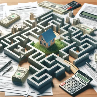 A photo-realistic images about 'Navigating the Maze of Closing Costs: Strategies to Minimize Expenses'. It depict a maze made of financial documents and calculators with a house at the center, symbolizing the journey through and strategies to manage closing costs in real estate.