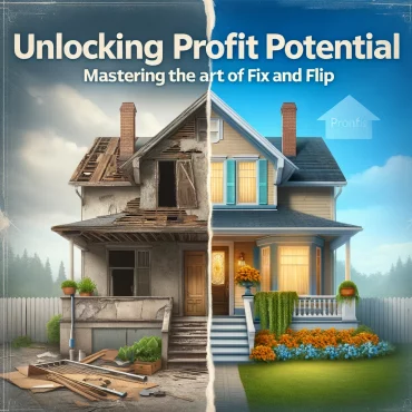 A photo-realistic image about 'Unlocking Profit Potential: Mastering the Art of Fix and Flip'. It features a before-and-after scene of a house renovation, showcasing the transformation and potential profitability of fix and flip projects.