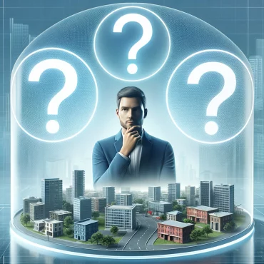 A photo-realistic image about '3 Critical Questions to Ask Yourself Before You Invest in Property'. It features a person contemplating three question marks, symbolizing the critical questions to consider before investing, set against a backdrop of various property types. The imagery emphasizes the importance of careful deliberation in property investment.