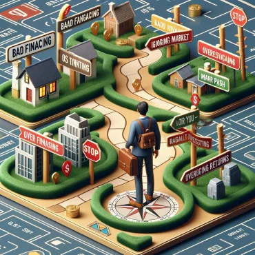 A photo-realistic image about 'Navigating Your First Year in Real Estate Investing: Avoiding Common Pitfalls'. It depicts a navigational theme with a person on a path or board game, illustrating the journey through the first year of real estate investing and highlighting various pitfalls to avoid. The use of navigational elements emphasizes strategic planning and foresight in successful real estate investing.