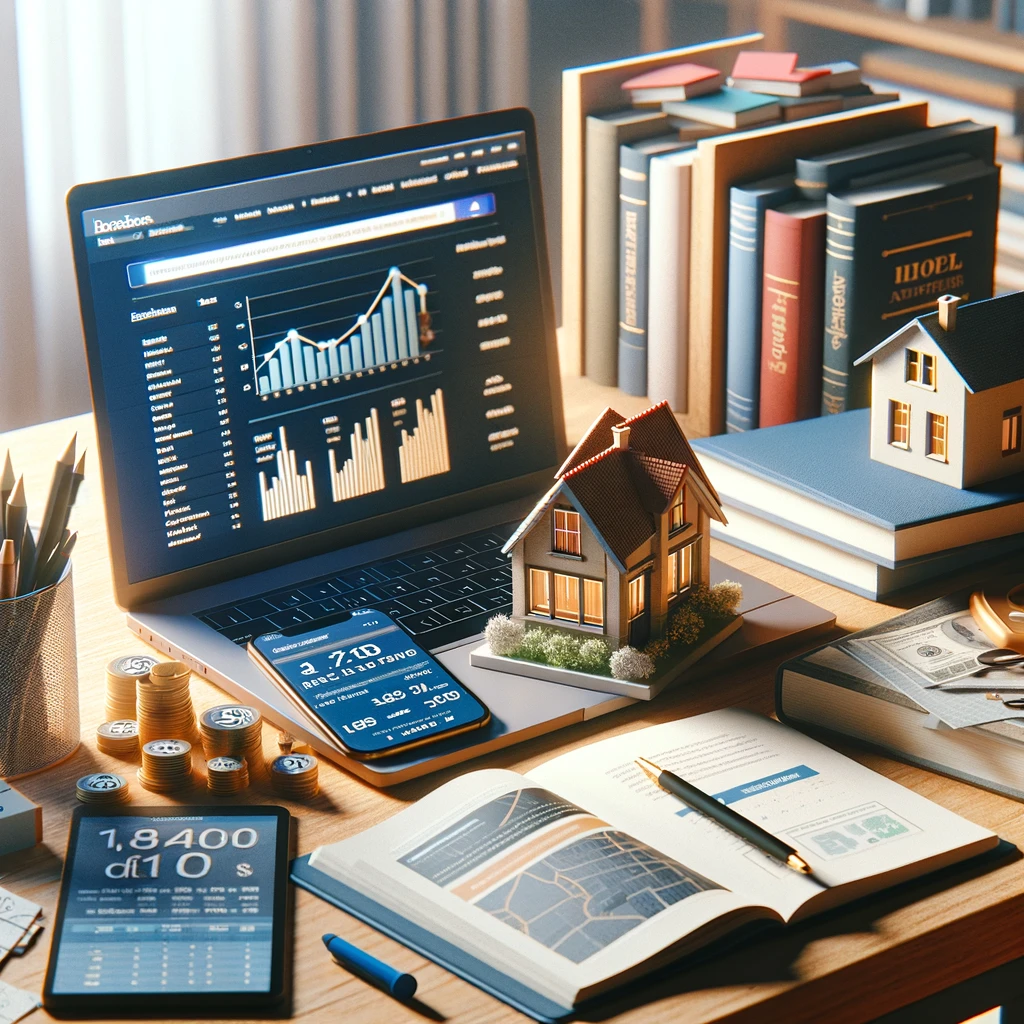 A photo-realistic image about 'Unlocking Real Estate Investment Potential for Teens', featuring a desk with various educational materials related to real estate investment. The scene includes a laptop, books, property listings, and a miniature house model, with elements like a smartphone and a notebook to suggest a teen's involvement in learning about real estate investment. The setting aims to inspire and reflect a conducive learning environment.