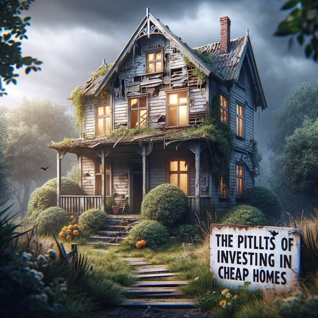 A photo-realistic image about 'The Pitfalls of Investing in Cheap Homes'. It depicts a visually appealing yet deteriorating house, illustrating the hidden risks and problems that can come with such investments. The signs of neglect and wear emphasize the need for caution and thorough evaluation in real estate investments.