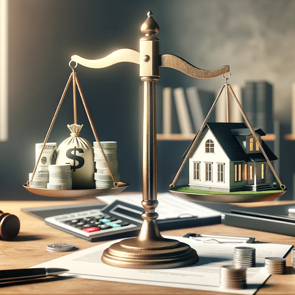A photo-realistic image about 'Understanding Escrow in Real Estate Transactions'. It depicts a scale balancing a house model and financial elements, symbolizing the balance and security escrow provides in real estate dealings, set in a professional environment to convey trust and neutrality.