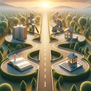 A photo-realistic images about 'Embarking on Your Real Estate Investment Journey: 4 Steps to Get Started'. It depicts a pathway dividing into four routes, each lined with symbols representing the key steps in starting a real estate investment journey. The images aim to inspire viewers to embark on their path in real estate investment, illustrating the journey's progressive nature.