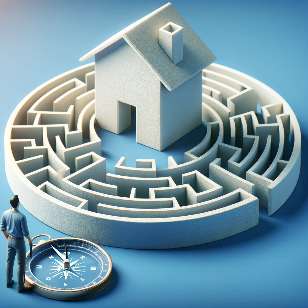 A photo-realistic image about 'Navigating Mortgage'. It features a person standing in front of a maze shaped like a house, holding a map or compass, symbolizing the journey and challenges of navigating through mortgage processes.