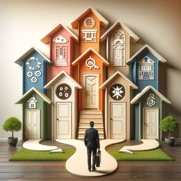 A photo-realistic image about '7 Ways You Can Get Started In Real Estate Investing'. It features seven distinct paths or doorways, each representing a different avenue in real estate investing, complete with subtle symbols or icons for each type. The images aim to convey the variety of opportunities in real estate investing, encouraging viewers to explore the different paths to success in the field.