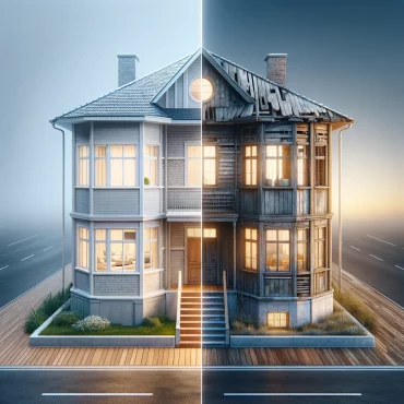 A photo-realistic image about 'What is Depreciation on Real Estate'. They show a property transitioning from new and modern to old and deteriorated.