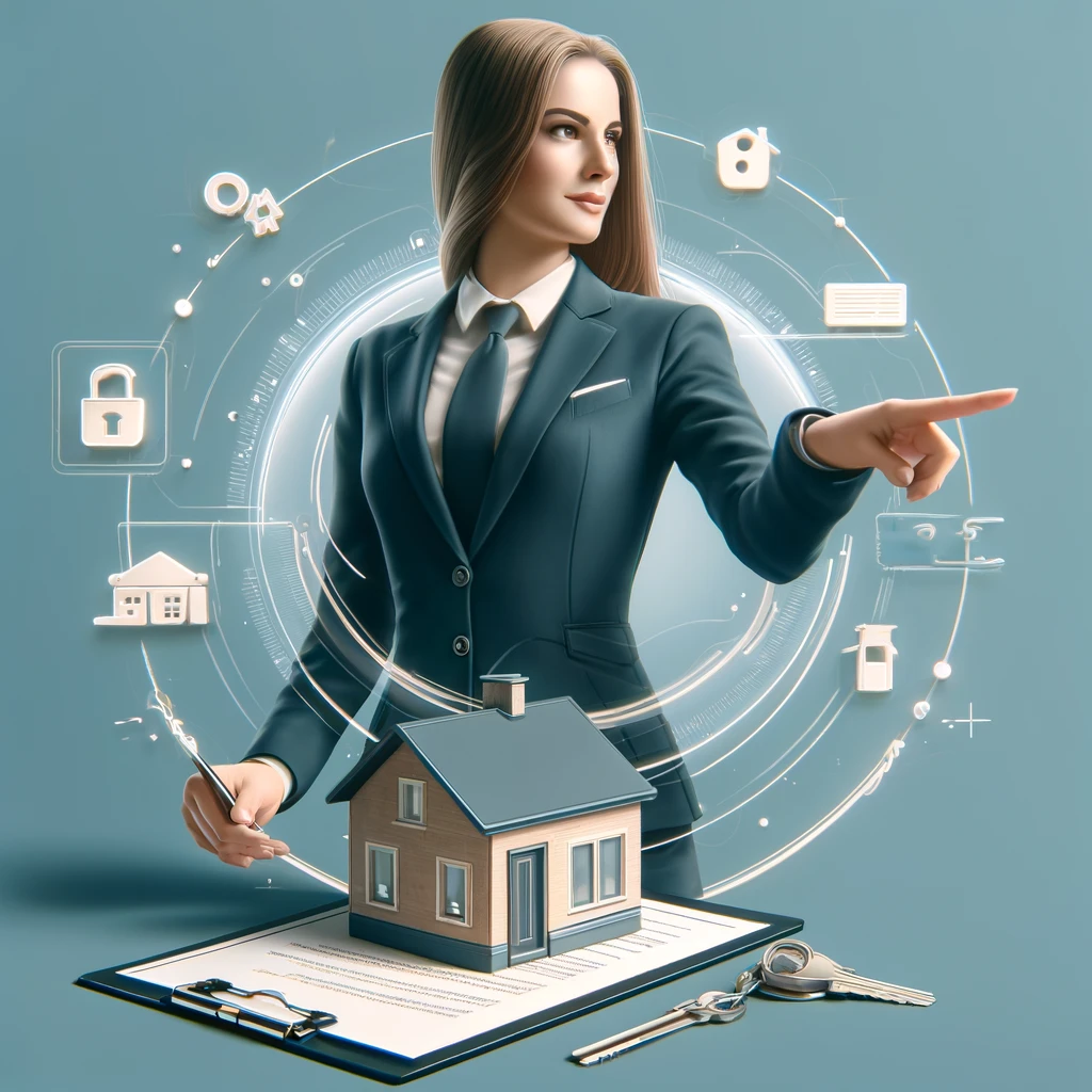 A photo-realistic image about 'Unlocking the Role of Real Estate Agents: Navigating Property Transactions with Expertise'. They feature a professional real estate agent in a dynamic setting, surrounded by symbols of the property transaction process, emphasizing the agent's expertise and active role in guiding clients through real estate transactions.