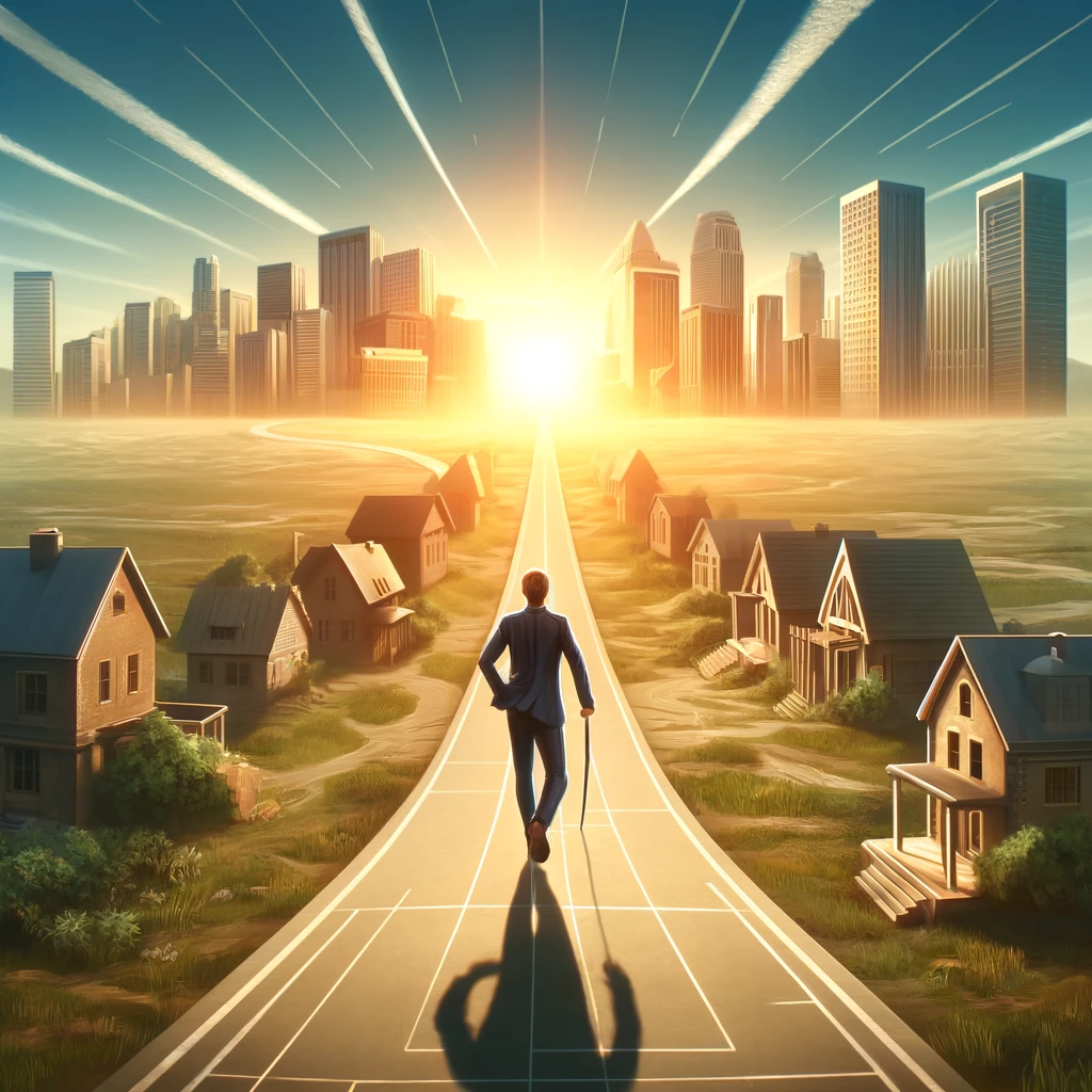 A photo-realistic image about 'Seize the Day: Ignite Your Real Estate Journey with Action'. It depicts a dynamic scene with a person stepping confidently on a path leading towards a horizon filled with real estate opportunities. The images convey determination and readiness to take action, embodying a proactive approach to starting a real estate journey. The inspiring environment suggests limitless possibilities in the real estate sector.