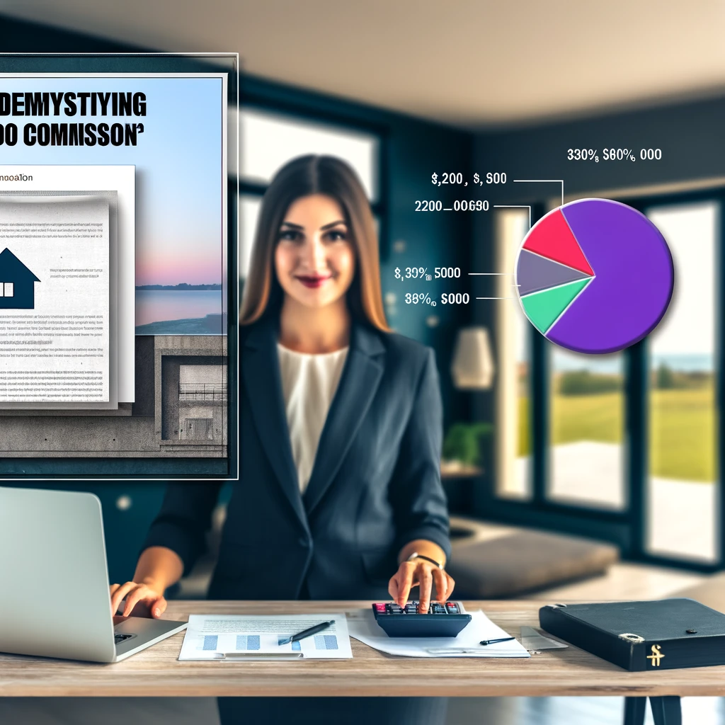 A photo-realistic image about 'Demystifying Realtor Commission: How Realtors Get Paid'. It features a realtor in a modern office environment, with elements like financial documents, a calculator, and graphical representations of commission breakdowns, providing a clear insight into the commission structure in the real estate industry.