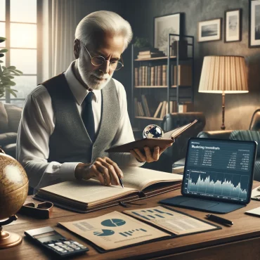 A photo-realistic image about 'Maximizing Investments: Tips for Later-in-Life Investors'. It depicts an older individual in a sophisticated home office setting, reviewing financial documents and displaying strategic thinking. The environment and the individual's expression emphasize wisdom, experience, and the potential for informed investment decisions, inspiring confidence in the growth opportunities for later-in-life investors.