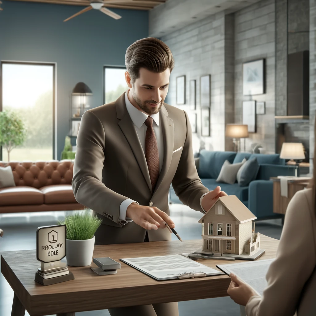 A realistic image of a real estate agent in a well-decorated office, explaining property details to clients. The agent is holding documents and a floor plan, engaging attentively with the clients. In the background, there is a 'For Sale' sign and a model house, highlighting the real estate environment. The scene conveys professionalism, trust, and engagement.
