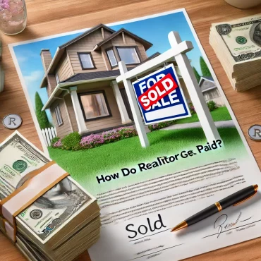 A close-up of a house with a 'For Sale' sign in the front yard, marked with a 'Sold' sticker. In the foreground, a stack of money and a contract with a pen next to it symbolize payment and real estate transactions. The background features a well-maintained lawn and a suburban neighborhood, conveying a professional and informative theme.