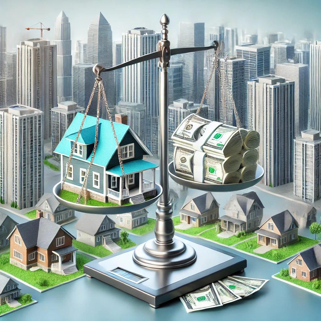 A modern city skyline featuring various real estate properties, including residential homes, apartment buildings, and commercial properties. In the foreground, a set of scales balances a house on one side and a stack of money on the other, symbolizing leveraging real estate investments. The image conveys a professional and financial theme.