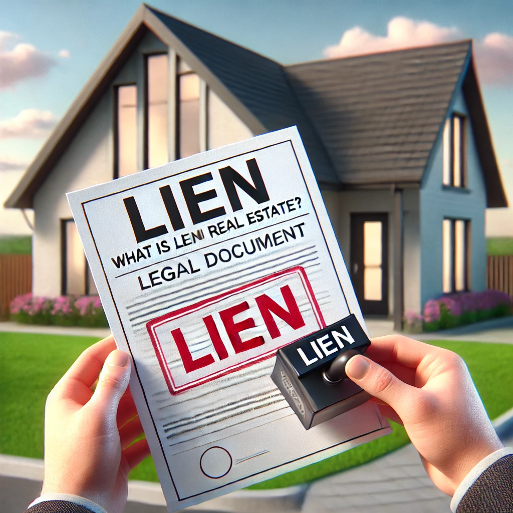 A modern suburban house with a legal document labeled 'Lien' prominently displayed in front. The document features a red stamp reading 'Lien' in bold letters. The background showcases clear skies and green lawns, giving a professional and informative tone.