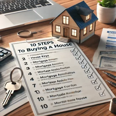 A realistic image of a homebuying checklist on a wooden desk. The checklist, titled '10 Steps to Buying a House,' has a few items checked off. Surrounding the checklist are a set of house keys, a mortgage application form, a calculator, a pen, and a small model house. The background includes a laptop and financial documents, creating a professional and informative setting.