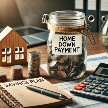 A realistic image of a savings jar labeled 'Home Down Payment' placed on a wooden desk. Surrounding the jar are stacks of coins, a budgeting notebook with 'Savings Plan' written on it, and a calculator. In the background, a laptop, financial documents, and a small model house create a professional and financial-themed setting, illustrating creative ways to save for a home down payment.