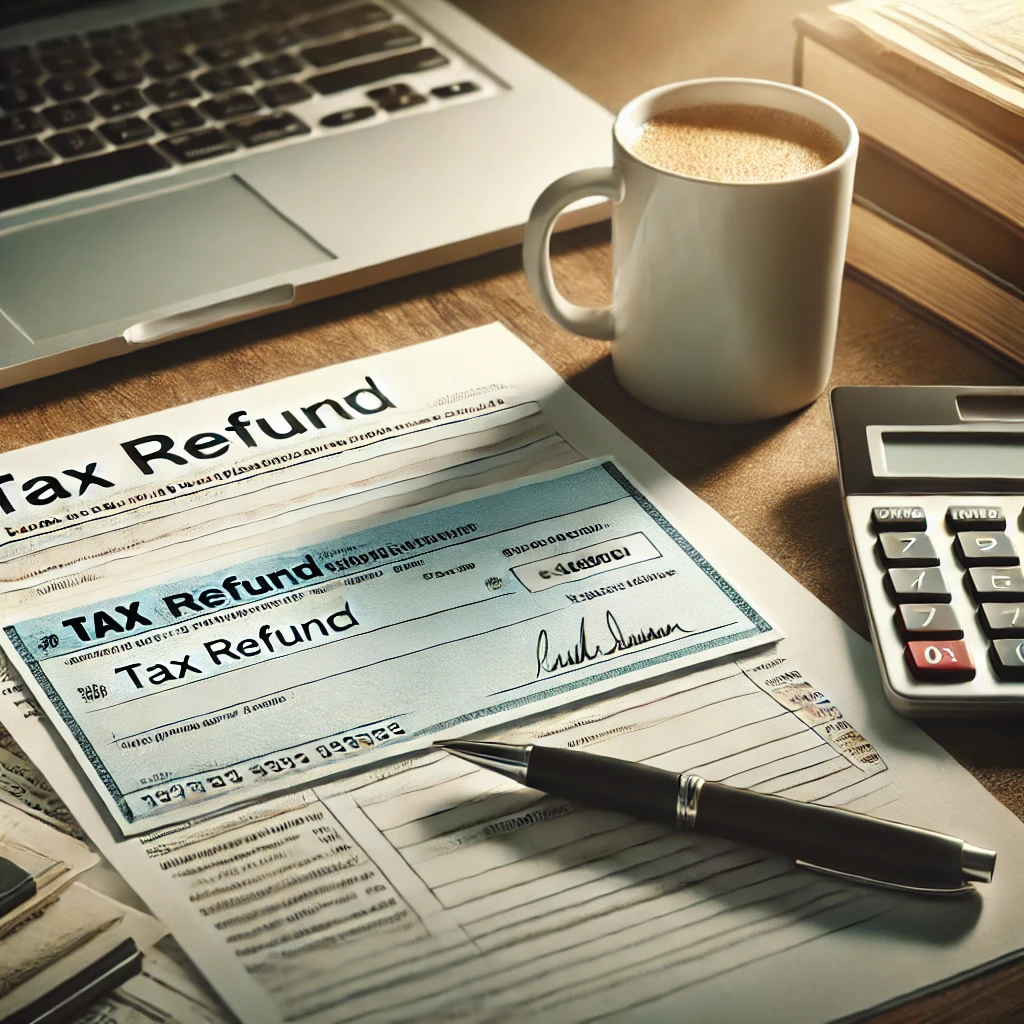 A realistic image of a neatly arranged desk featuring a tax refund check placed on top of a tax return document. Nearby, a calculator, a pen, and a stack of financial papers are visible. In the background, a laptop and a cup of coffee add to the professional and financial-themed setting, emphasizing tax season and refunds.