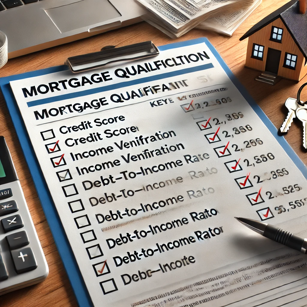 A realistic image of a mortgage qualification checklist on a wooden desk. The checklist includes key items such as 'Credit Score,' 'Income Verification,' and 'Debt-to-Income Ratio,' with some items checked off. Surrounding the checklist are a mortgage application form, a calculator, a pen, and a set of house keys. The background includes a laptop and financial documents, creating a professional and informative setting.