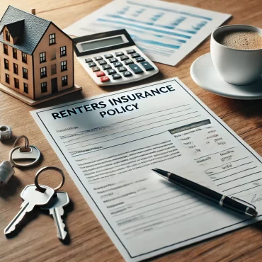 A realistic image of a renters insurance policy document placed on a wooden desk. The document is partially filled out and positioned next to a keyring with apartment keys, a calculator, and a cup of coffee. In the background, a small model apartment building and financial documents create a professional and financial-themed setting, illustrating the importance of renters insurance.